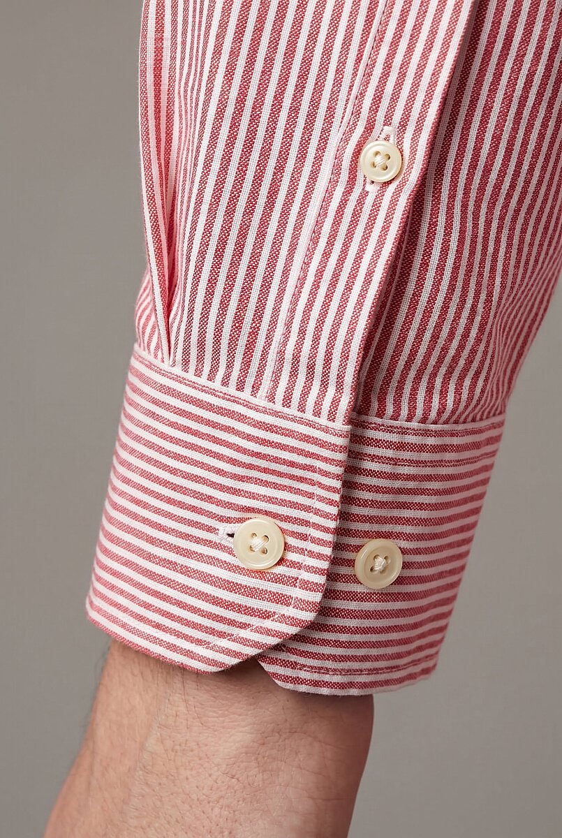 Kırmızı Regular Fit Pamuk Keten Uzun Paşa Yaka Gömlek - 4