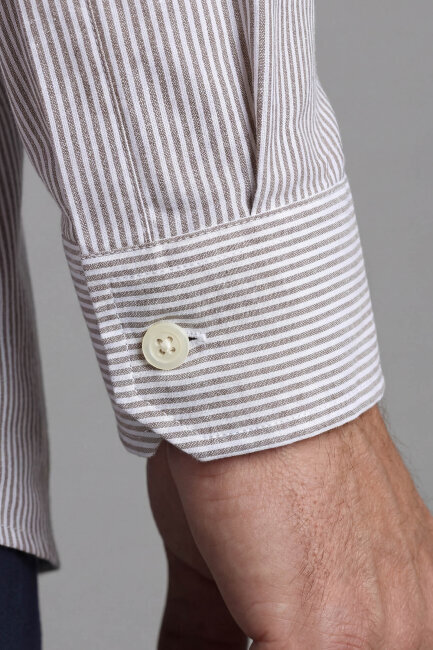 Erkek Regular Fit Uzun Kol Paşa Yaka Pamuk Keten Vizon Gömlek - 3