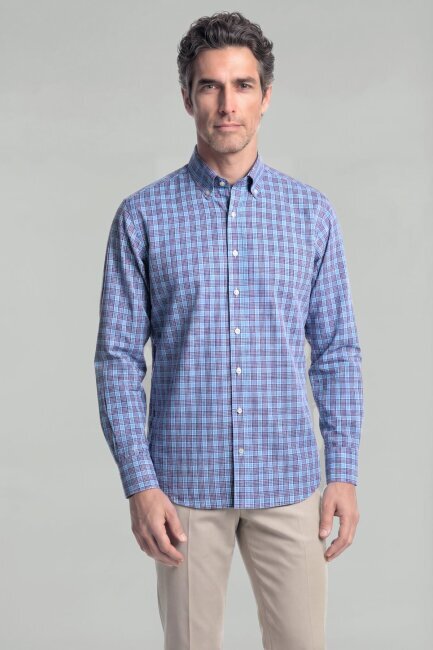 Erkek Regular Fit Uzun Kol Paşa Yaka Pamuk Mavi Gömlek - 1