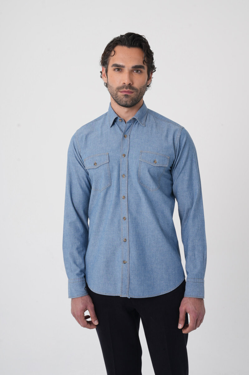 Erkek Regular Fit Uzun Kollu Denim Casual Gömlek - 1