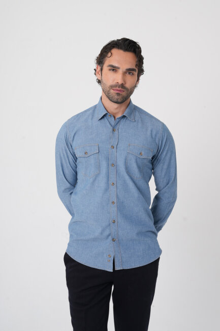Erkek Regular Fit Uzun Kollu Denim Casual Gömlek - 2
