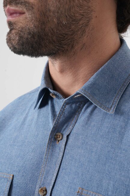 Erkek Regular Fit Uzun Kollu Denim Casual Gömlek - 6