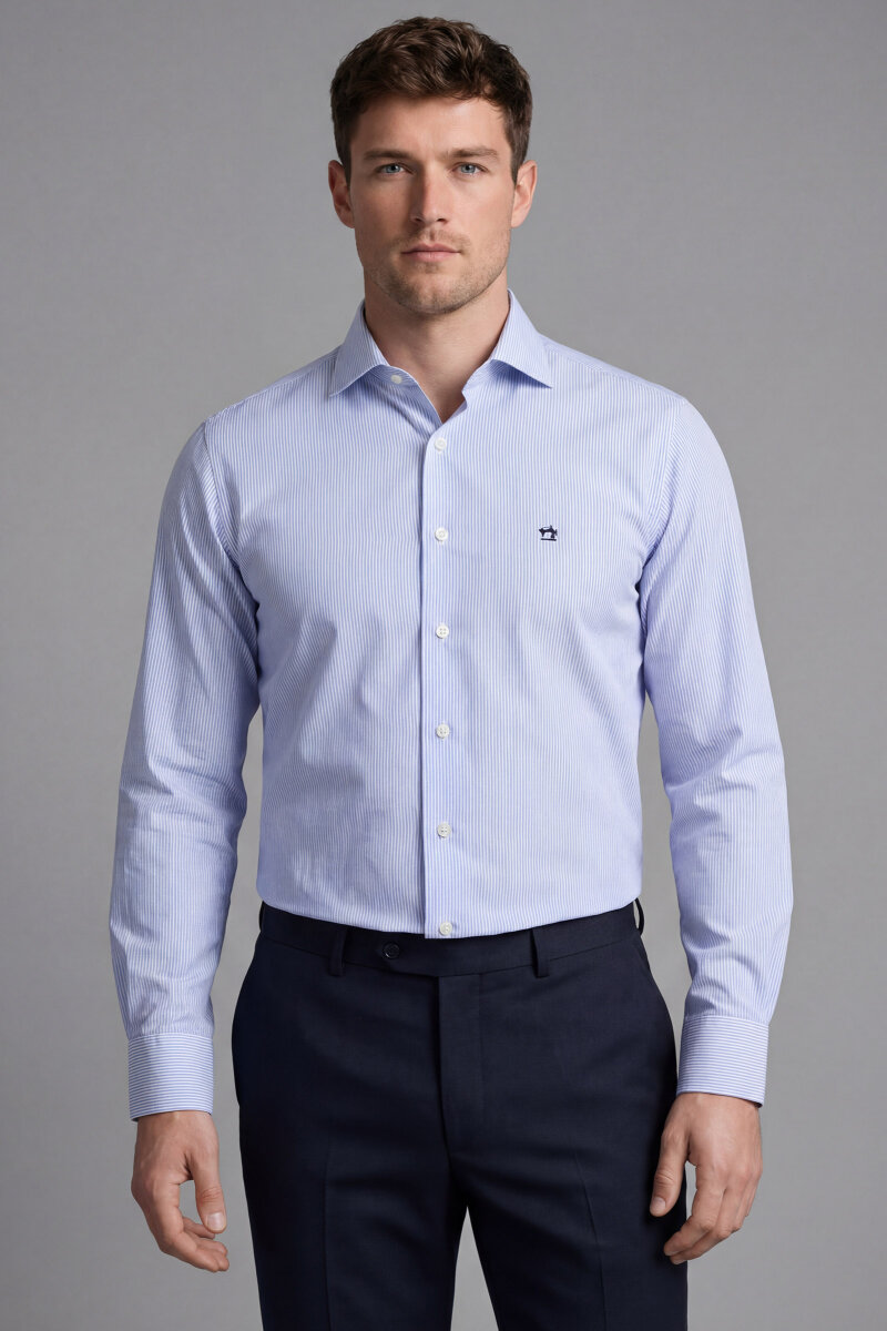 Erkek Regular Fit Uzun Kollu İtalyan Yaka Cepsiz Pamuk Lacivert Gömlek - 1