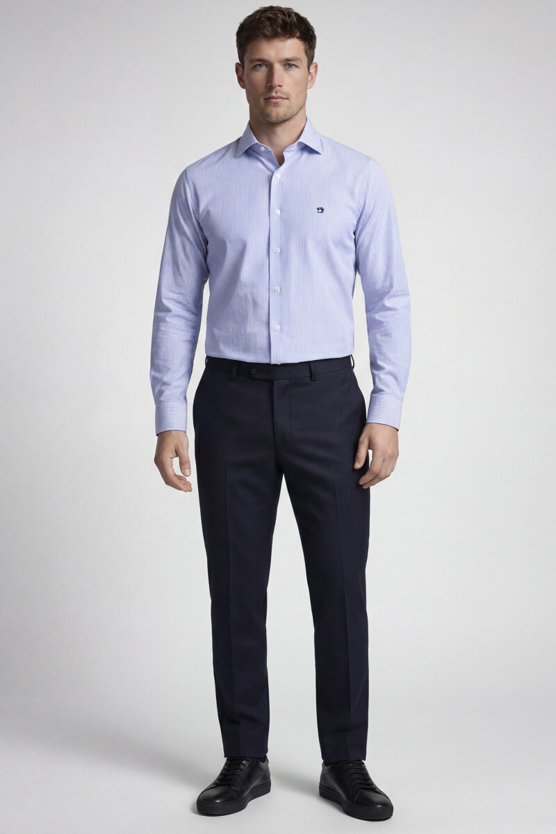 Erkek Regular Fit Uzun Kollu İtalyan Yaka Cepsiz Pamuk Lacivert Gömlek - 5