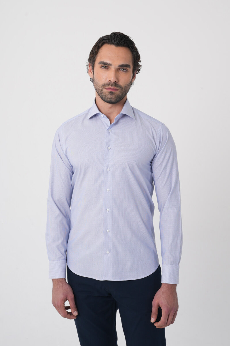 Erkek Regular Fit Uzun Kollu İtalyan Yaka Mavi Gömlek - 2