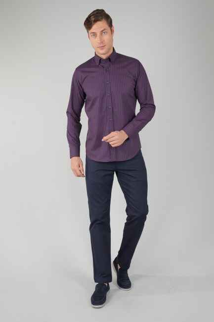 Erkek Regular Fit Uzun Kollu Kareli Gömlek Bordo Lacivert - 5