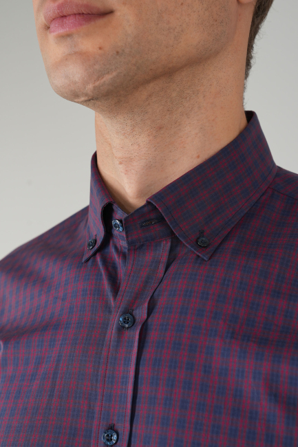 Erkek Regular Fit Uzun Kollu Kareli Gömlek Bordo Lacivert - 3