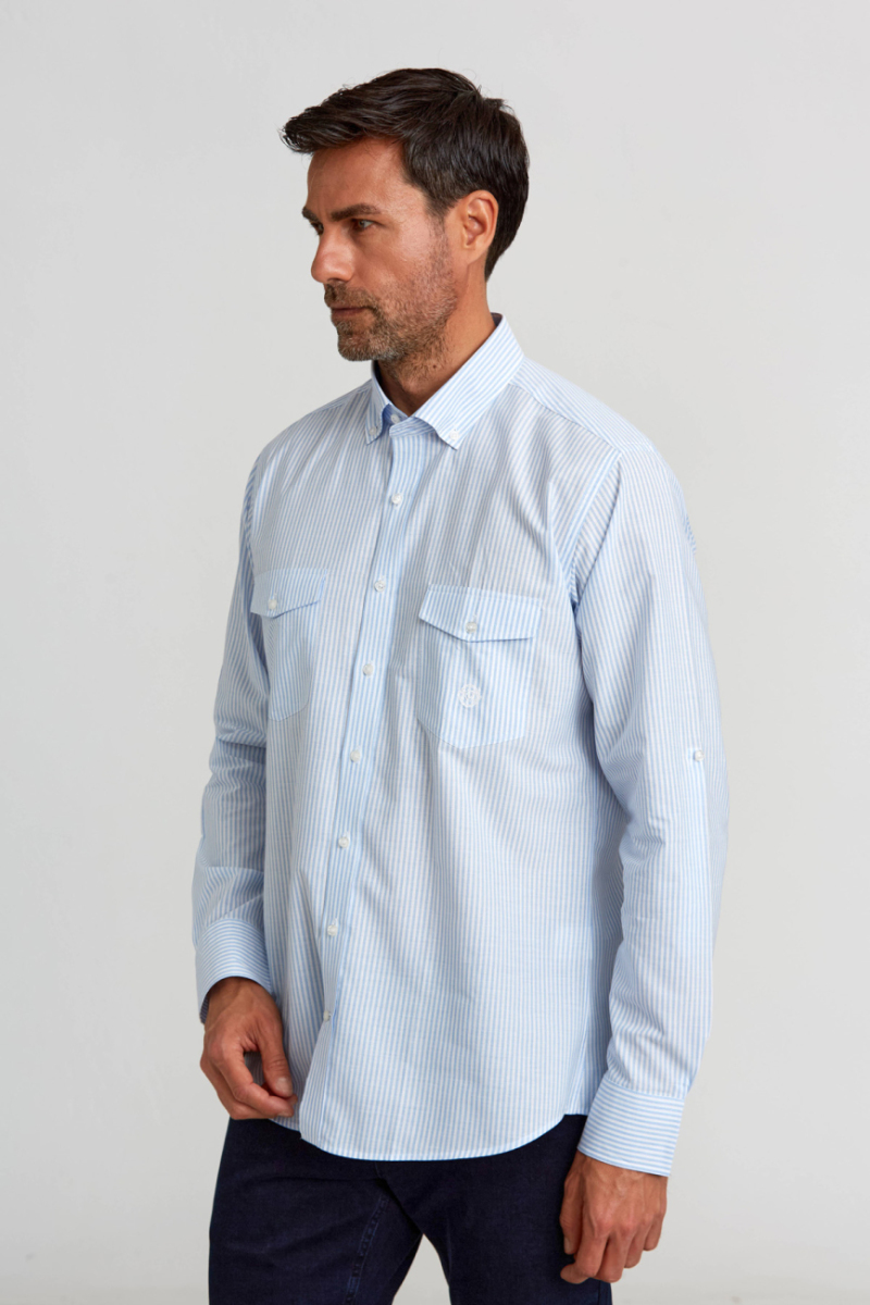 Regular Fit Paşa Yaka Kol İçi Apoletli Mavi Basic Erkek Gömlek