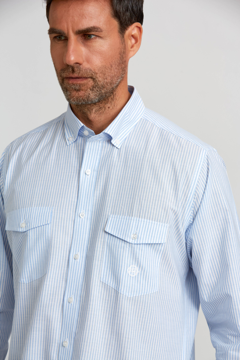 Regular Fit Paşa Yaka Kol İçi Apoletli Mavi Basic Erkek Gömlek - 4