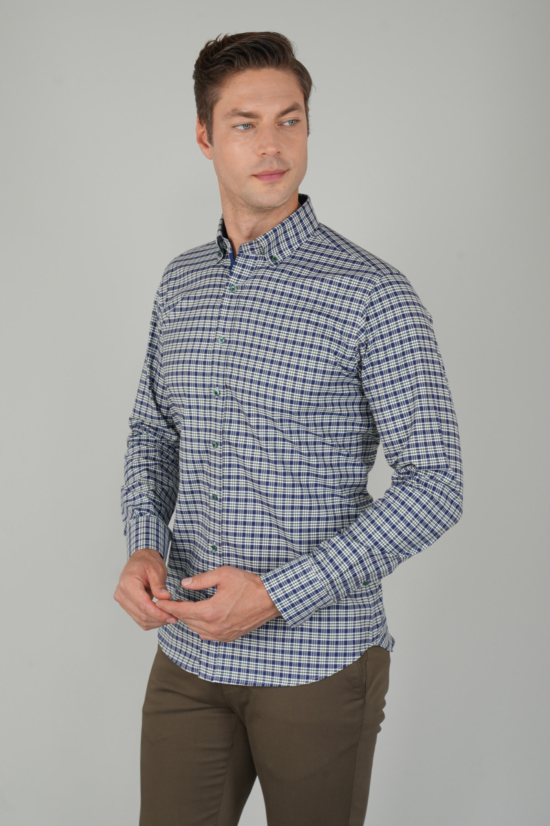 Erkek Regular Fit Uzun Kollu Yeşil Kareli Gömlek