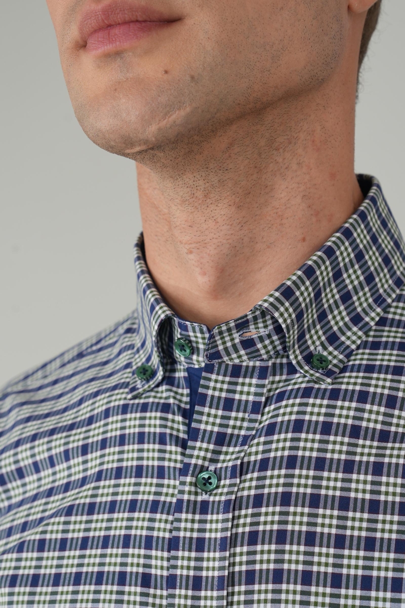 Erkek Regular Fit Uzun Kollu Yeşil Kareli Gömlek - 4