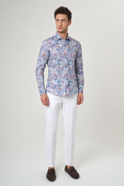 Erkek Renkli Desenli Slim Fit Pamuk Spor Gömlek - 4