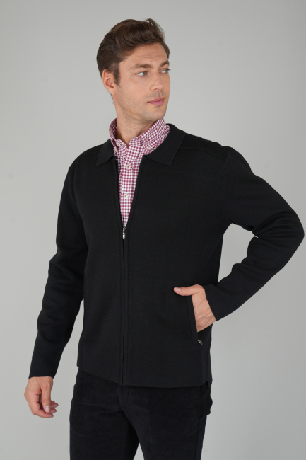 Erkek Siyah Fermuarlı Hırka - 1