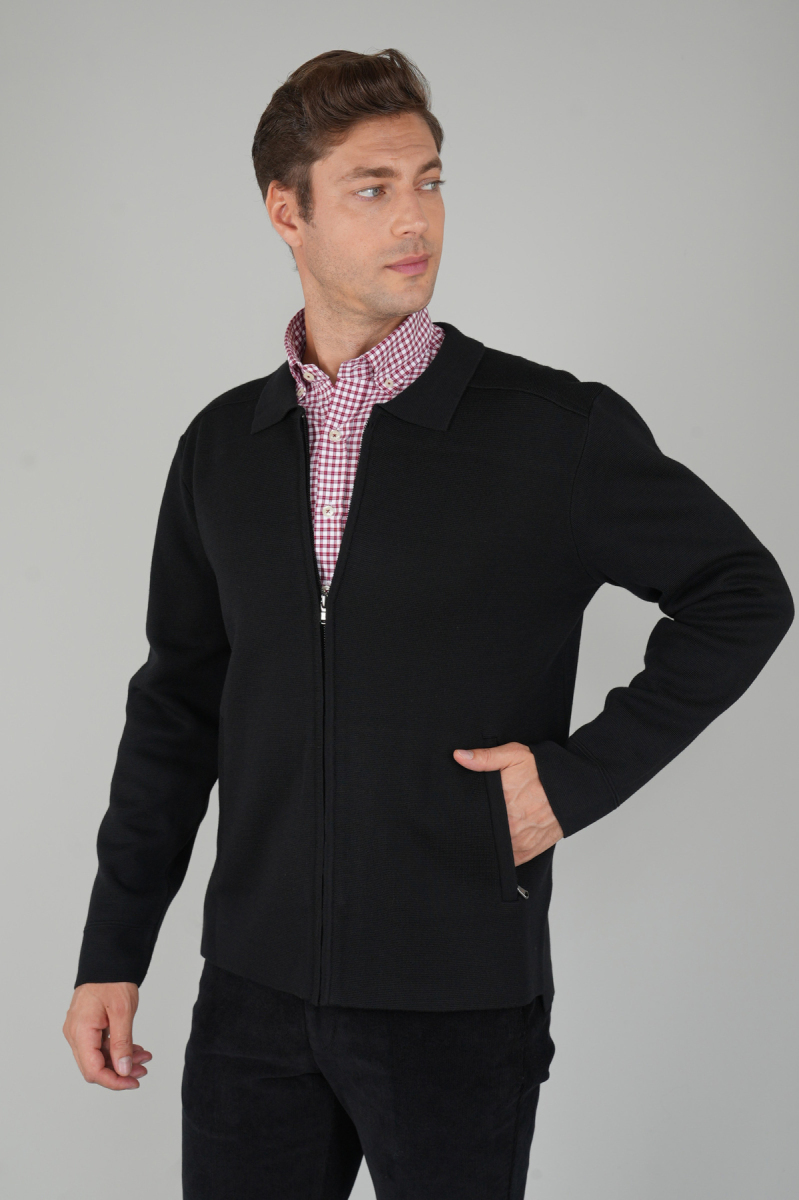 Erkek Siyah Fermuarlı Hırka - 1