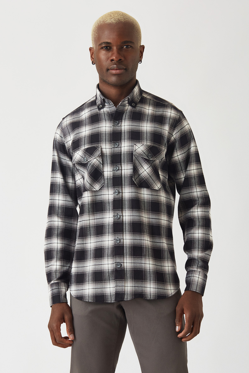Erkek Siyah Pamuk Regular Fit Flanel Basic Gömlek - 1