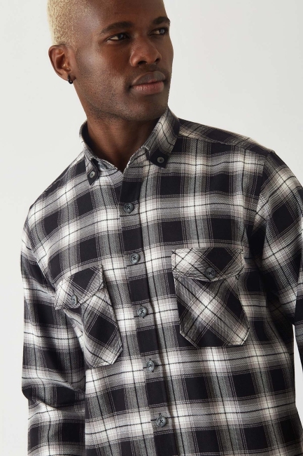 Erkek Siyah Pamuk Regular Fit Flanel Basic Gömlek - 3