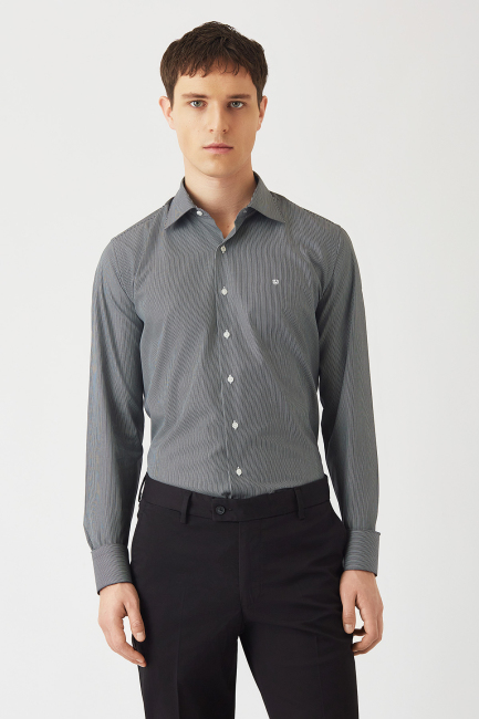 Erkek Siyah Pamuk Regular Fit Klasik Uzun Kol Gömlek - 1