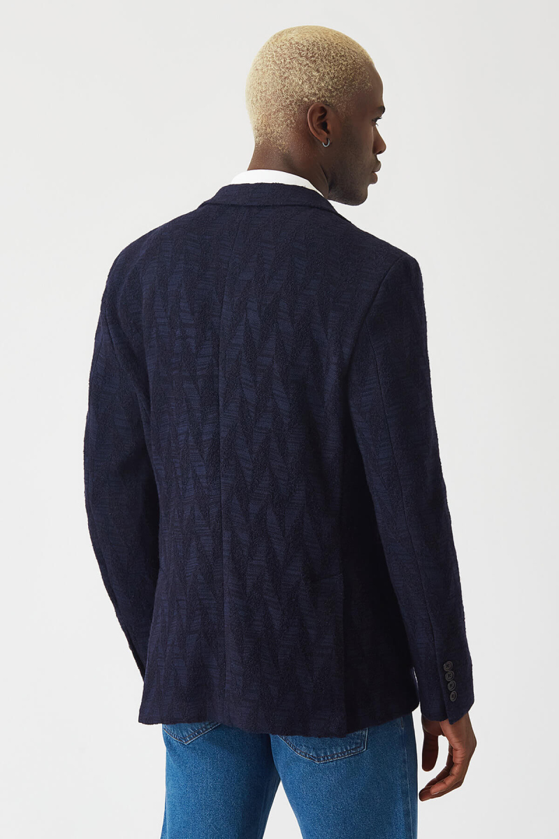 Erkek Slim Fit Koyu Lacivert 6 Drop Desenli Blazer Ceket - 2