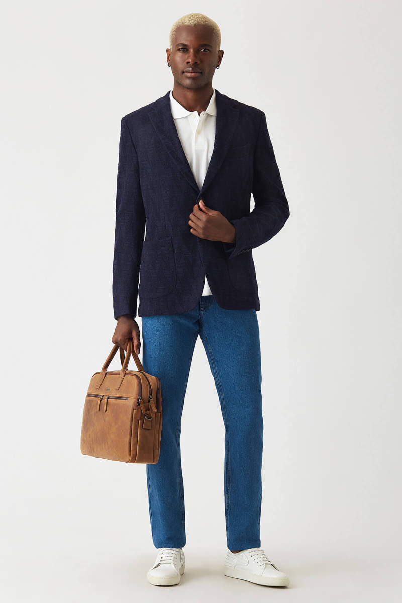 Erkek Slim Fit Koyu Lacivert 6 Drop Desenli Blazer Ceket - 4