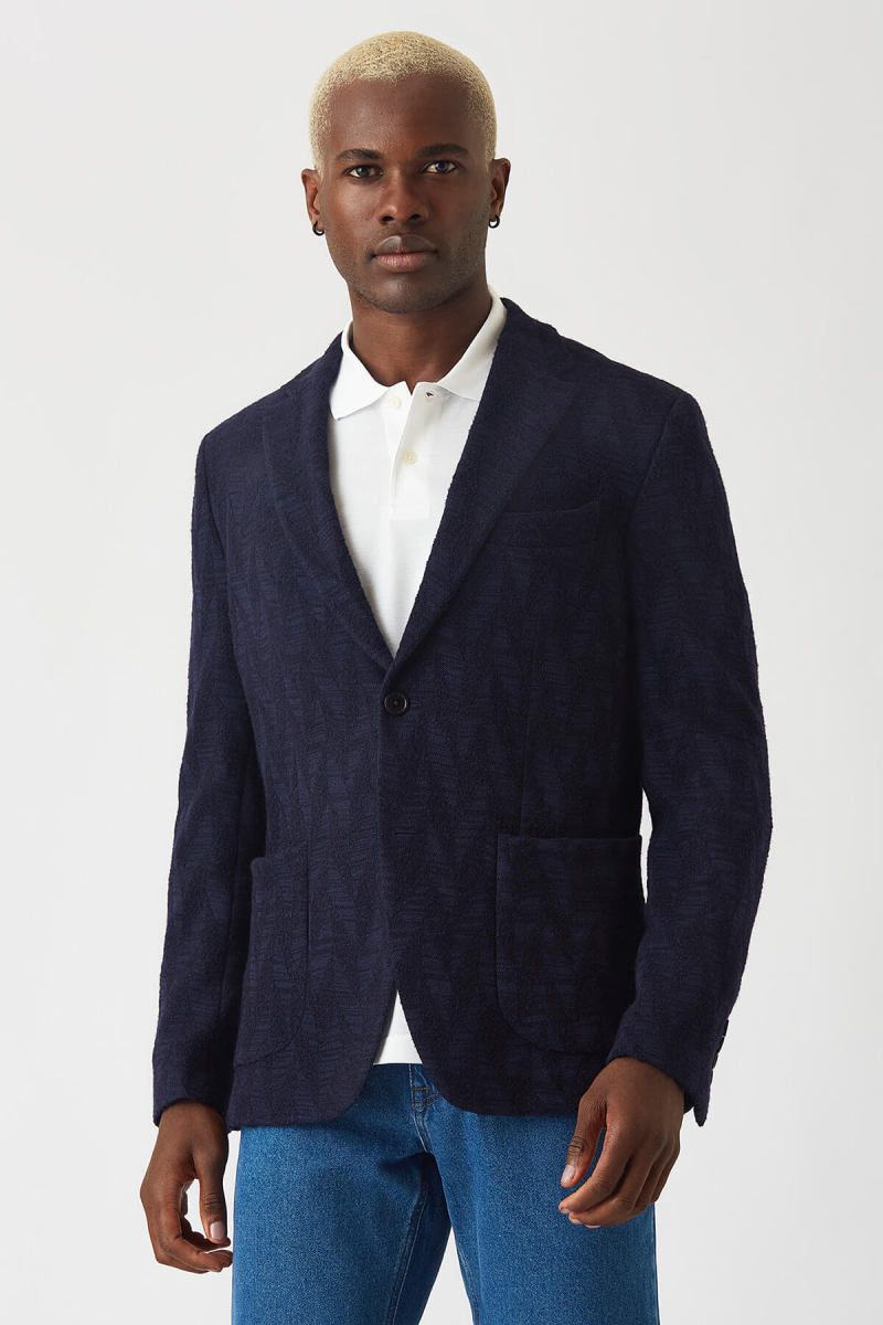 Erkek Slim Fit Koyu Lacivert 6 Drop Desenli Blazer Ceket - 1