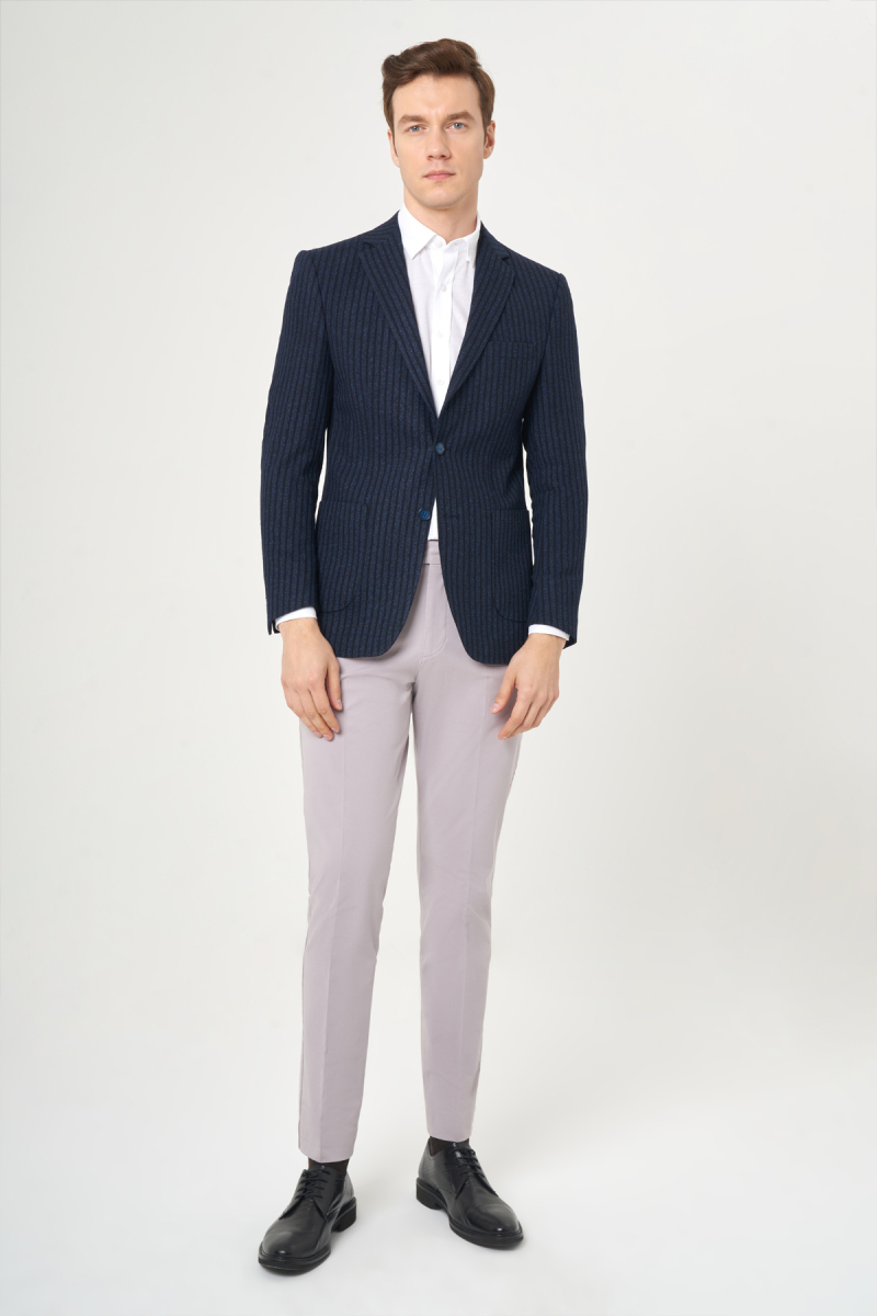 Erkek Slim Fit Mono Yaka 2 Düğmeli Çift Yırtmaçlı Ceket Lacivert - 5