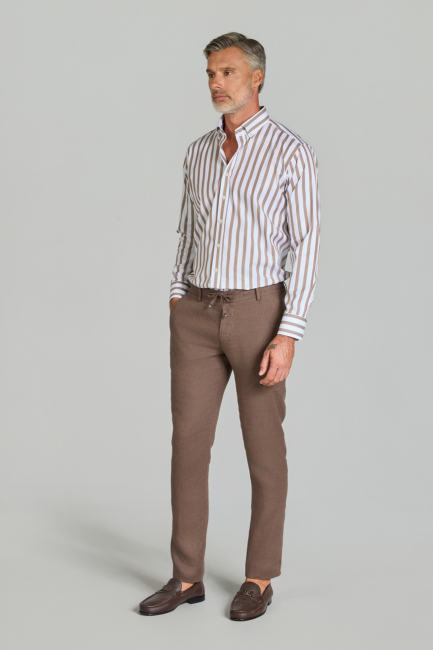 Erkek Taba Rengi Lastikli Bağcıklı Spor Keten Pantolon - 4