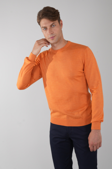 Erkek Turuncu Bisiklet Yaka Yün Triko - 1