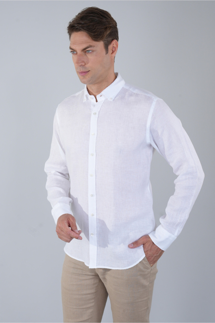 Erkek Uzun Kol Paşa Yaka Cepsiz Sedef Düğme Gömlek Beyaz - 1