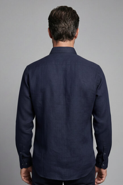 Erkek Uzun Kol Paşa Yaka Cepsiz Sedef Düğme Gömlek Lacivert - 2