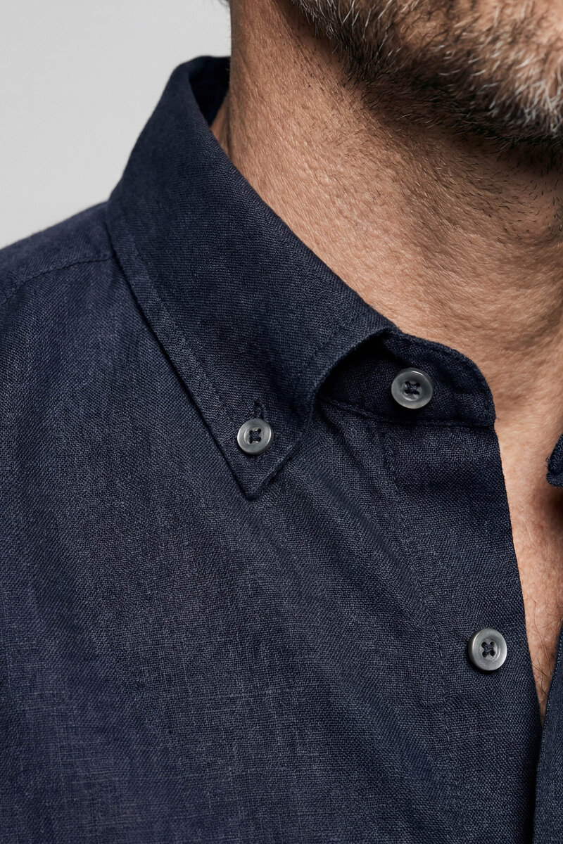 Erkek Uzun Kol Paşa Yaka Cepsiz Sedef Düğme Gömlek Lacivert - 3