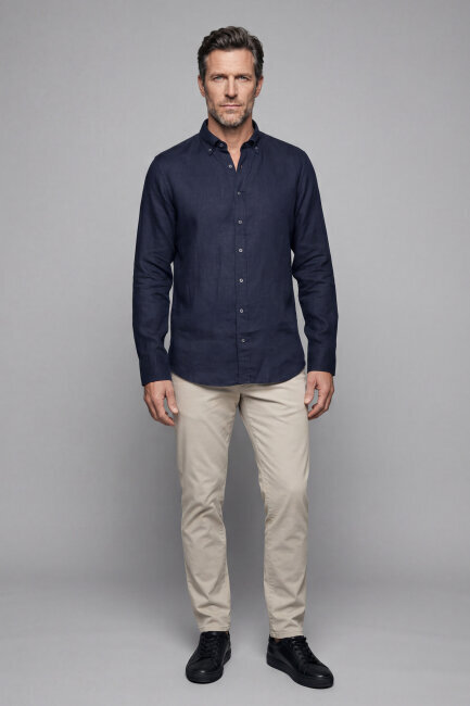 Erkek Uzun Kol Paşa Yaka Cepsiz Sedef Düğme Gömlek Lacivert - 5