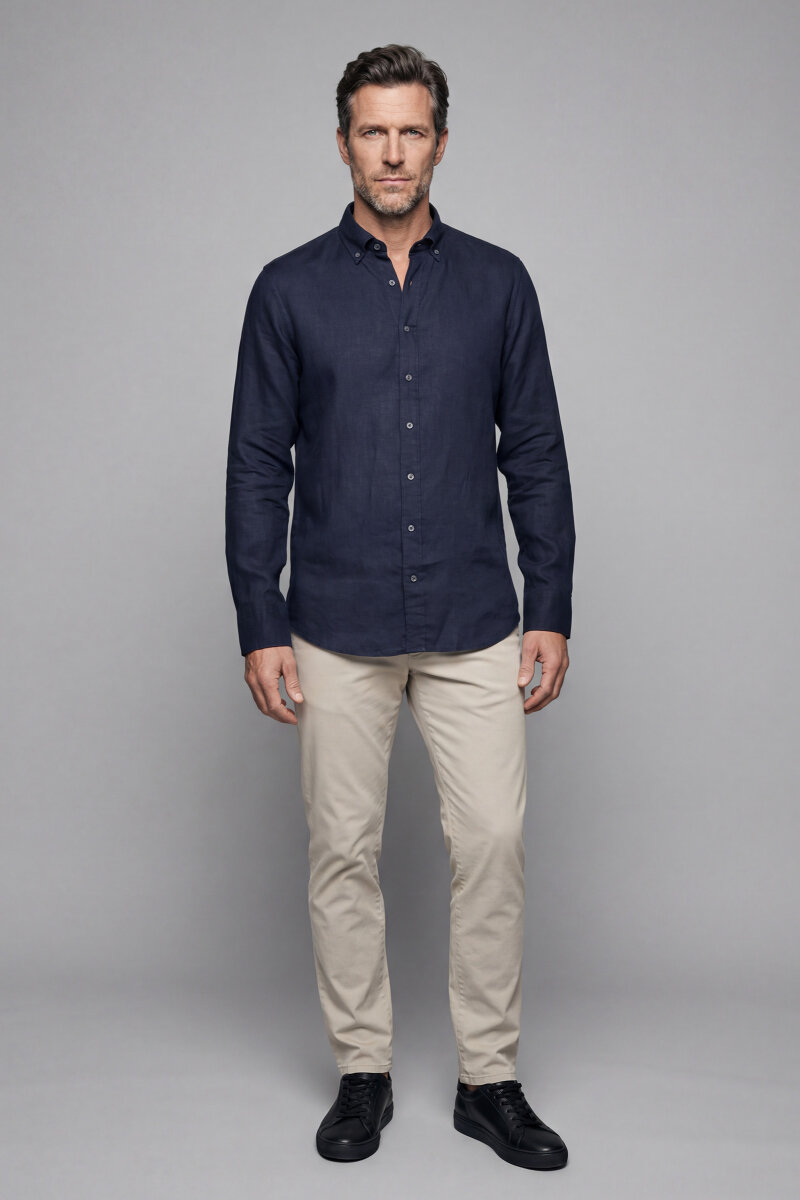 Erkek Uzun Kol Paşa Yaka Cepsiz Sedef Düğme Gömlek Lacivert - 5