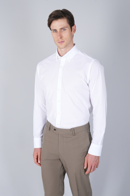 Erkek Uzun Kol Paşa Yaka Pamuk Örme Cepsiz Beyaz Gömlek - 1