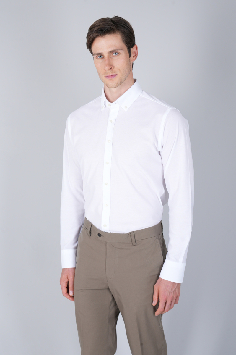 Erkek Uzun Kol Paşa Yaka Pamuk Örme Cepsiz Beyaz Gömlek - 1