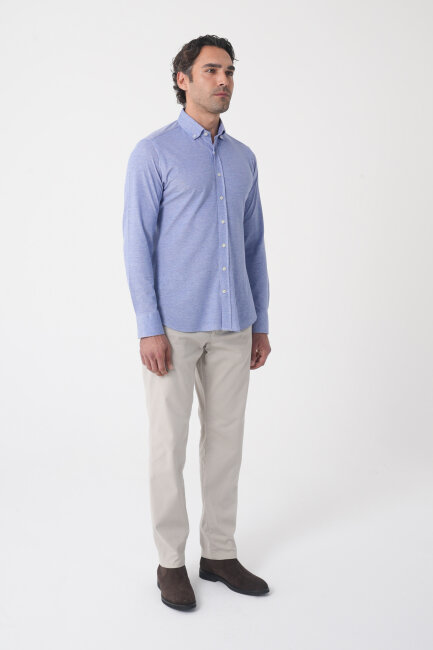 Erkek Uzun Kol Paşa Yaka Pamuk Örme Cepsiz İndigo Gömlek - 3