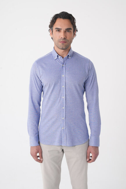 Erkek Uzun Kol Paşa Yaka Pamuk Örme Cepsiz İndigo Gömlek 