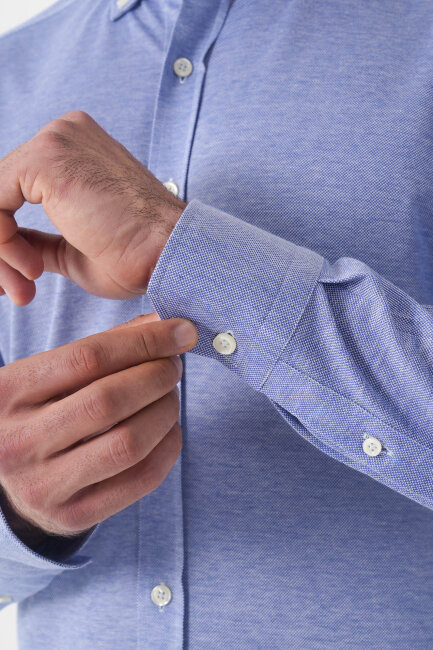 Erkek Uzun Kol Paşa Yaka Pamuk Örme Cepsiz İndigo Gömlek - 6