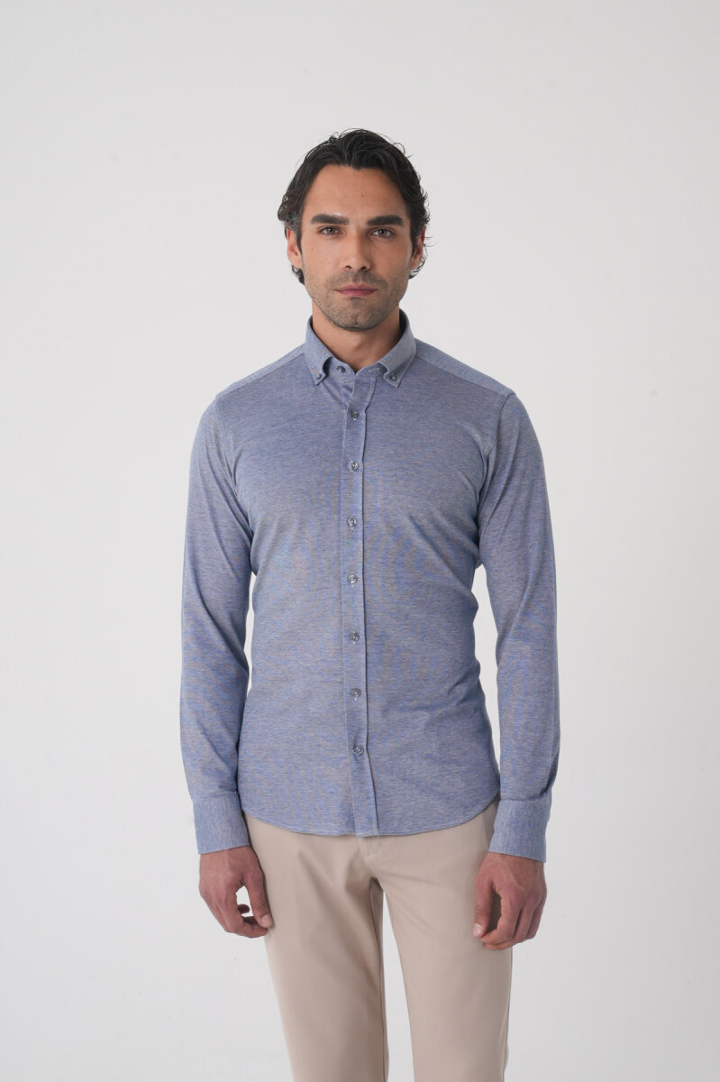 Erkek Uzun Kol Paşa Yaka Pamuk Örme Cepsiz Lacivert Gömlek - 1