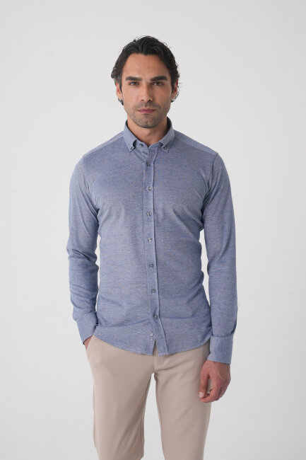 Erkek Uzun Kol Paşa Yaka Pamuk Örme Cepsiz Lacivert Gömlek - 2