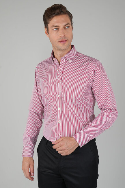 Erkek Uzun Kollu Bordo Çizgili Pamuk Gömlek