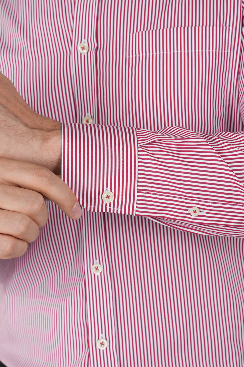 Erkek Uzun Kollu Bordo Çizgili Pamuk Gömlek (1)