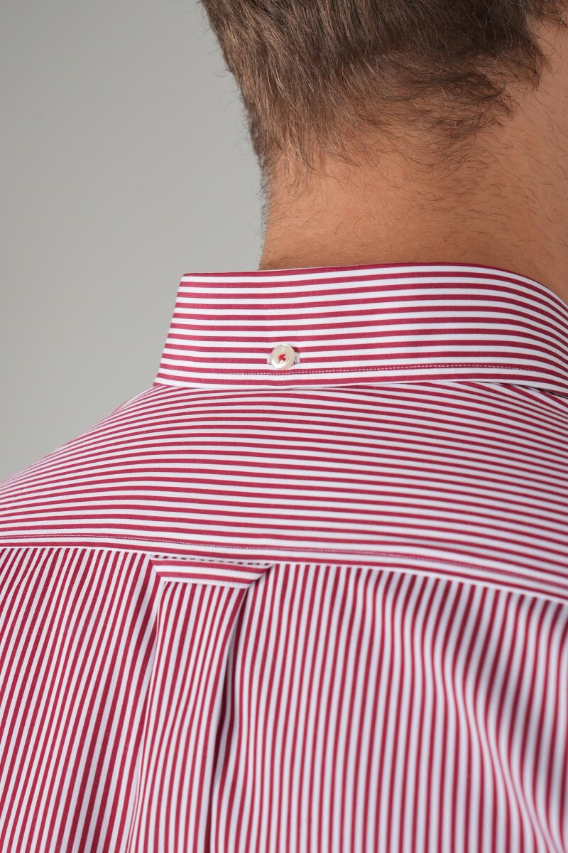 Erkek Uzun Kollu Bordo Çizgili Pamuk Gömlek - 5