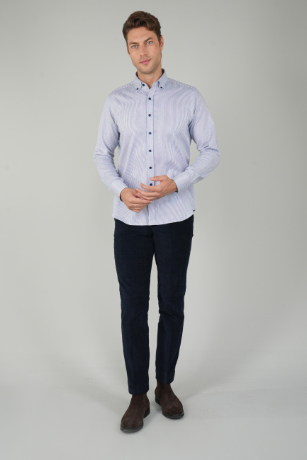 Erkek Uzun Kollu Lacivert Düğmeli Pamuk Gömlek - 5