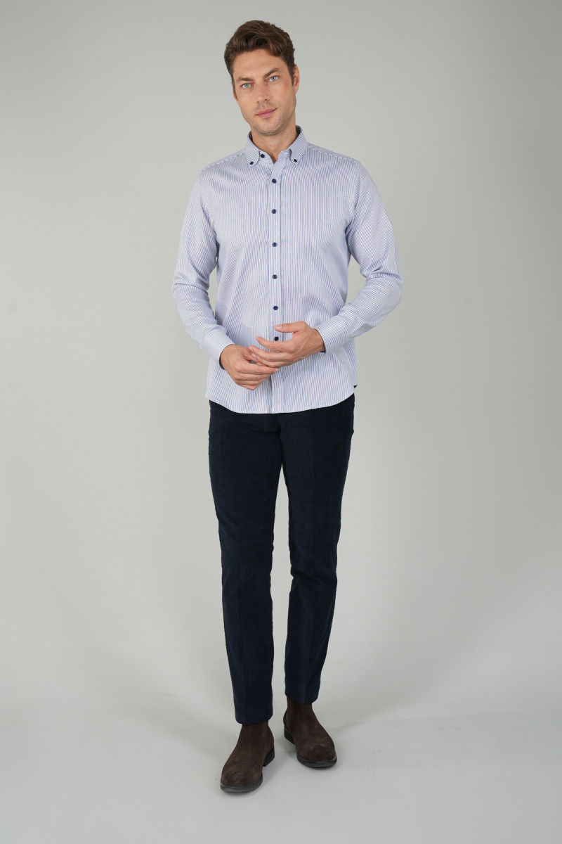 Erkek Uzun Kollu Lacivert Düğmeli Pamuk Gömlek - 5