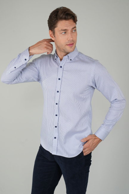 Erkek Uzun Kollu Lacivert Düğmeli Pamuk Gömlek