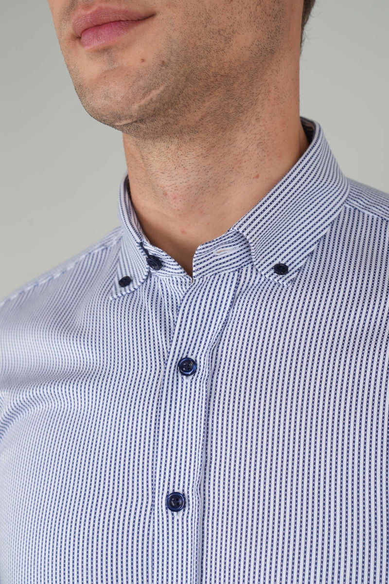 Erkek Uzun Kollu Lacivert Düğmeli Pamuk Gömlek - 3