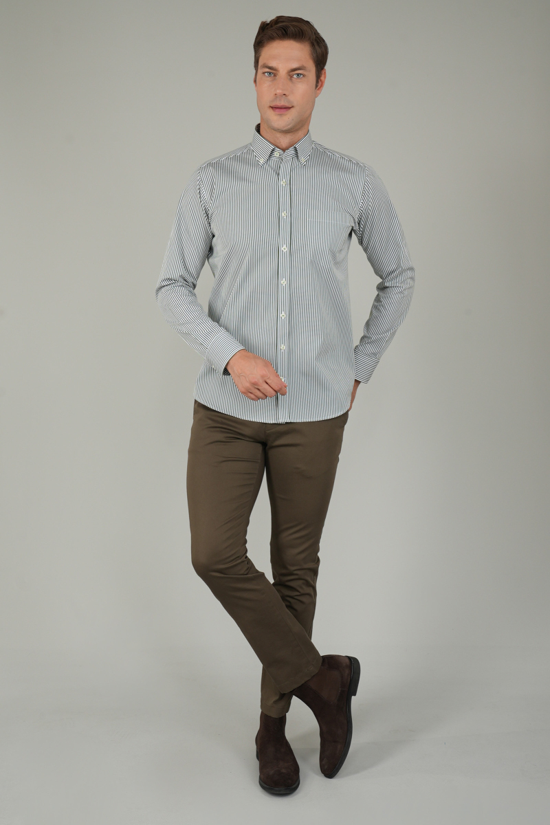 Erkek Uzun Kollu Düğmeli Paşa Yaka Yeşil Çizgili Gömlek - 5