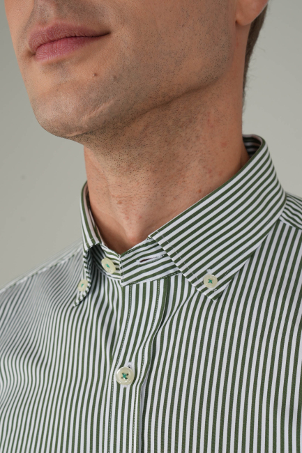 Erkek Uzun Kollu Düğmeli Paşa Yaka Yeşil Çizgili Gömlek - 3