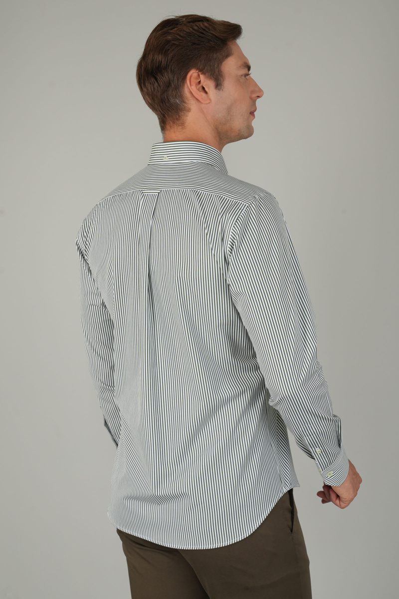 Erkek Uzun Kollu Düğmeli Paşa Yaka Yeşil Çizgili Gömlek - 2
