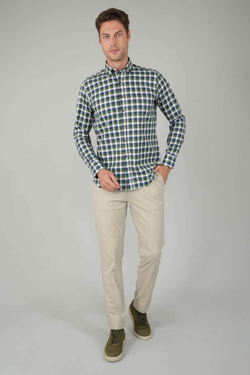 Erkek Uzun Kollu Kareli Spor Pamuk Gömlek Yeşil - 5